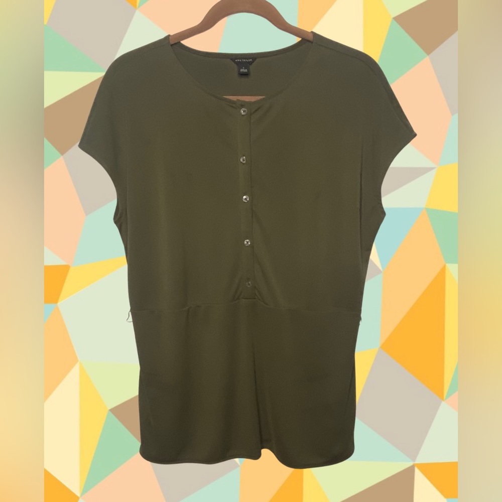 Ann Taylor Olive Half Button-Up Blouse with Sash Belt Tie - Size S/M